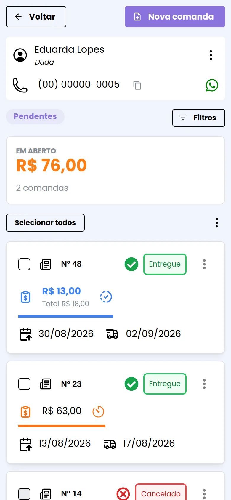 Ficha do cliente com telefone, valor em aberto e comandas