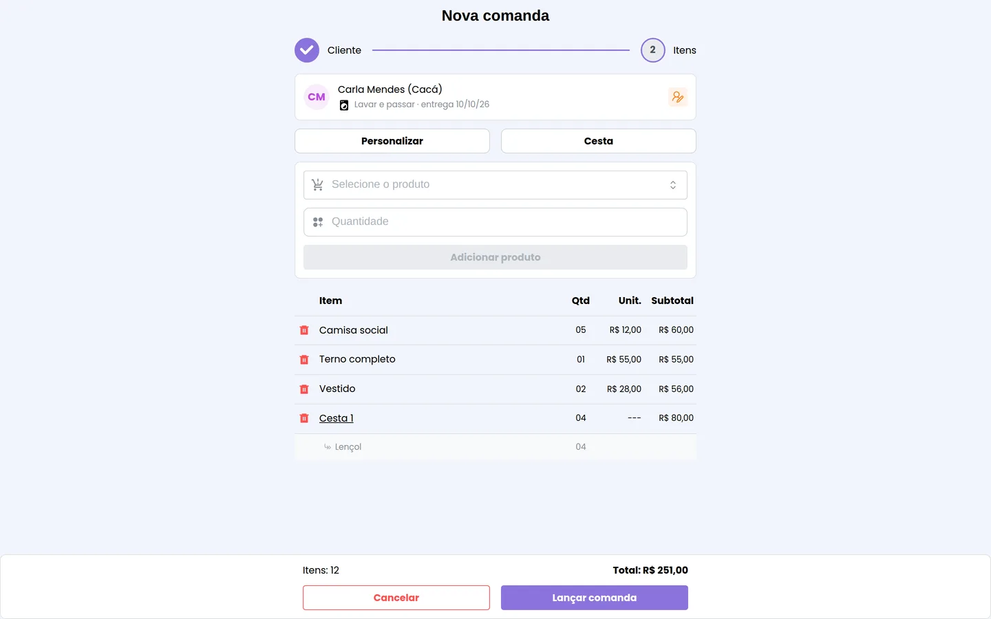 A mesma comanda no computador
