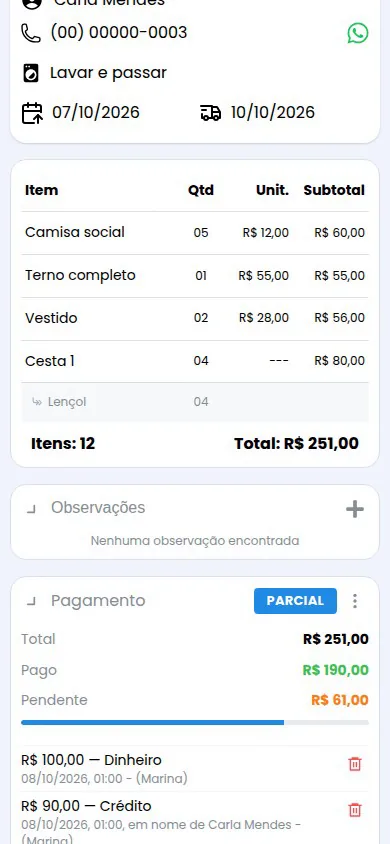 Comanda com pagamento parcial em dinheiro e crédito
