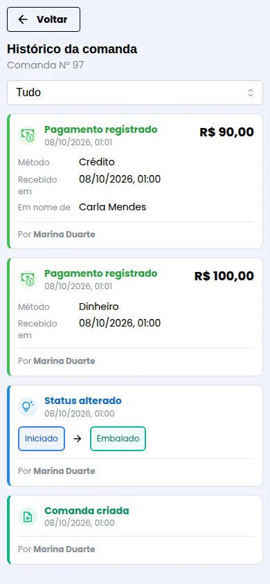 Histórico da comanda com a mudança de etapa registrada